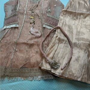 Elegant Beige and Gold Embellished Outfit